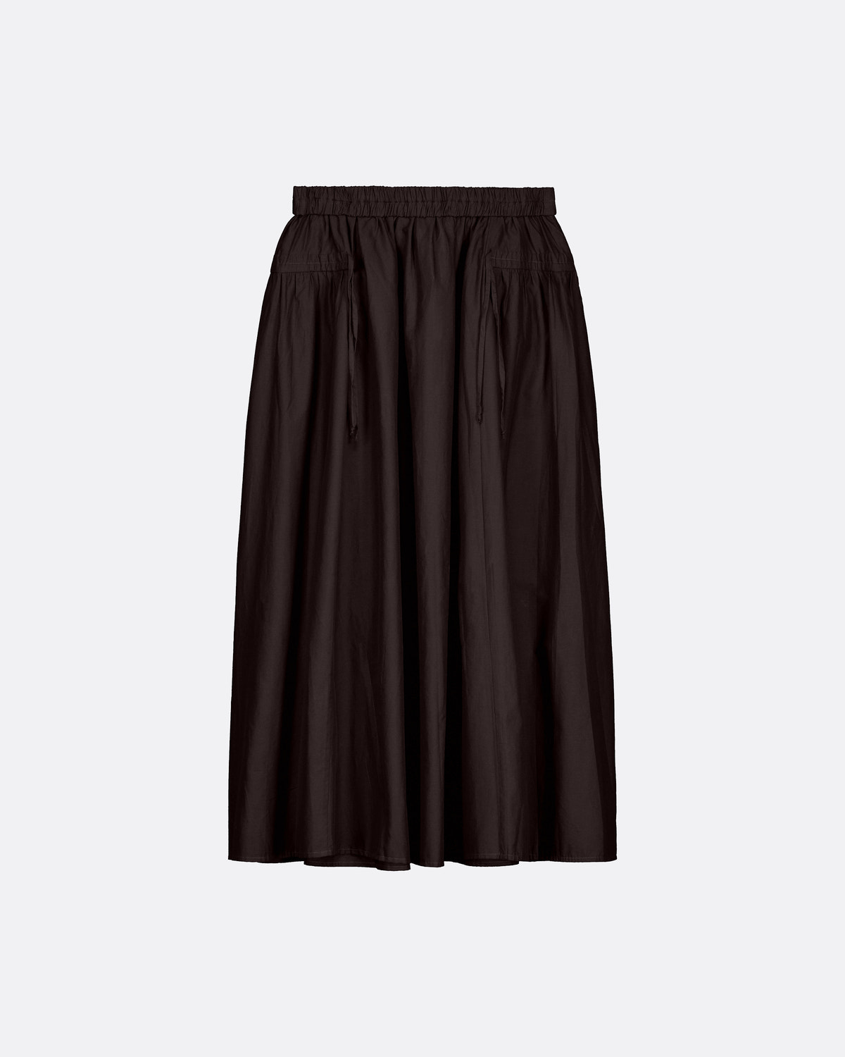 A dark brown A-line midi skirt with an elastic waistband and drawstring details.