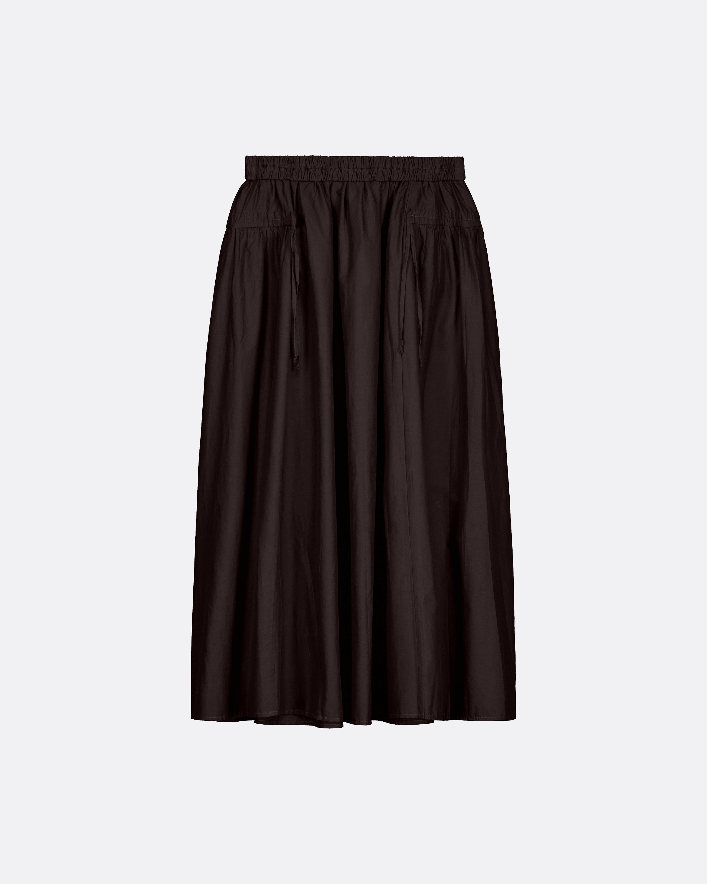 A dark brown A-line midi skirt with an elastic waistband and drawstring details.