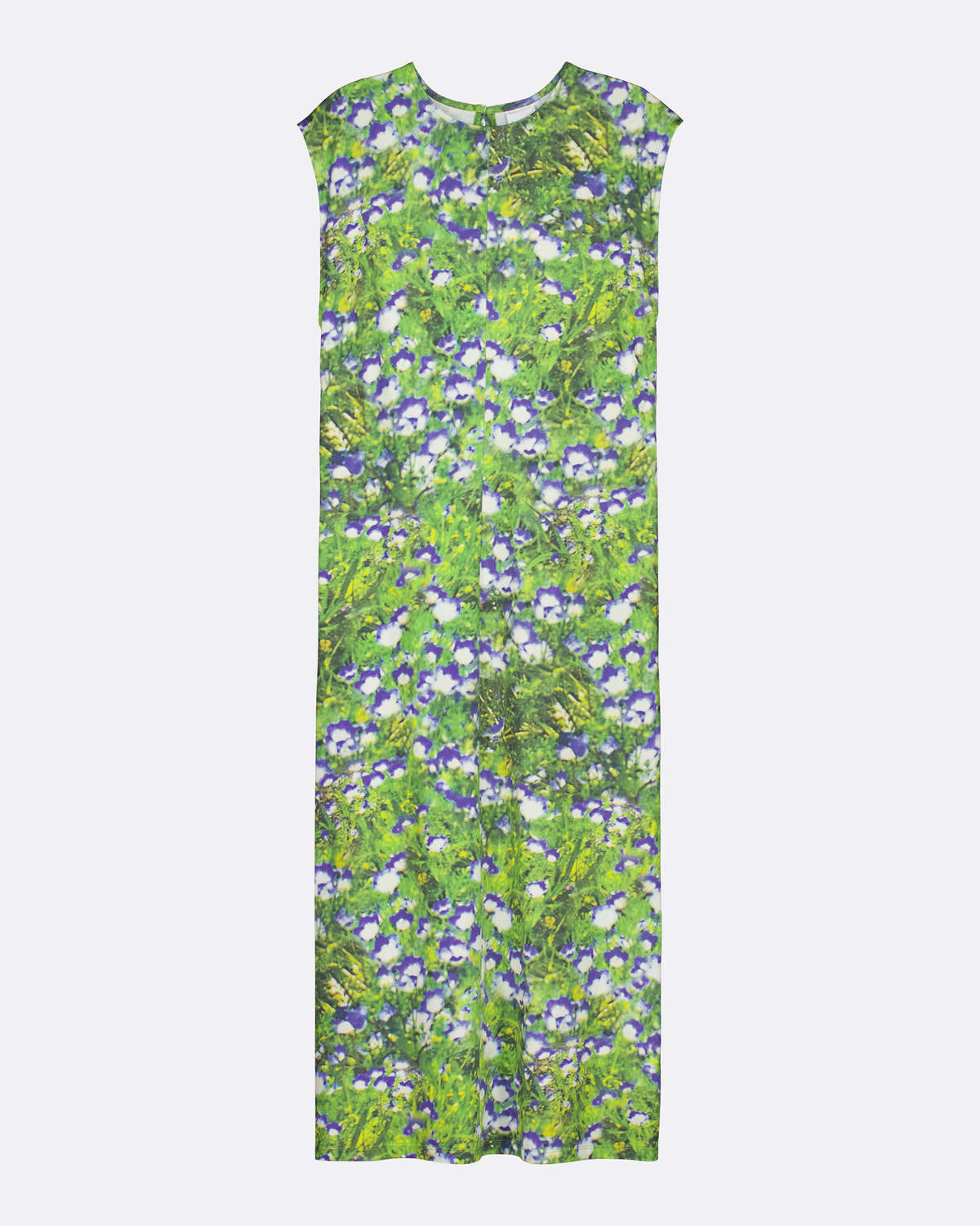 A sleeveless maxi dress featuring an all-over floral print of green leaves and purple flowers, displayed flat against a light gray background.