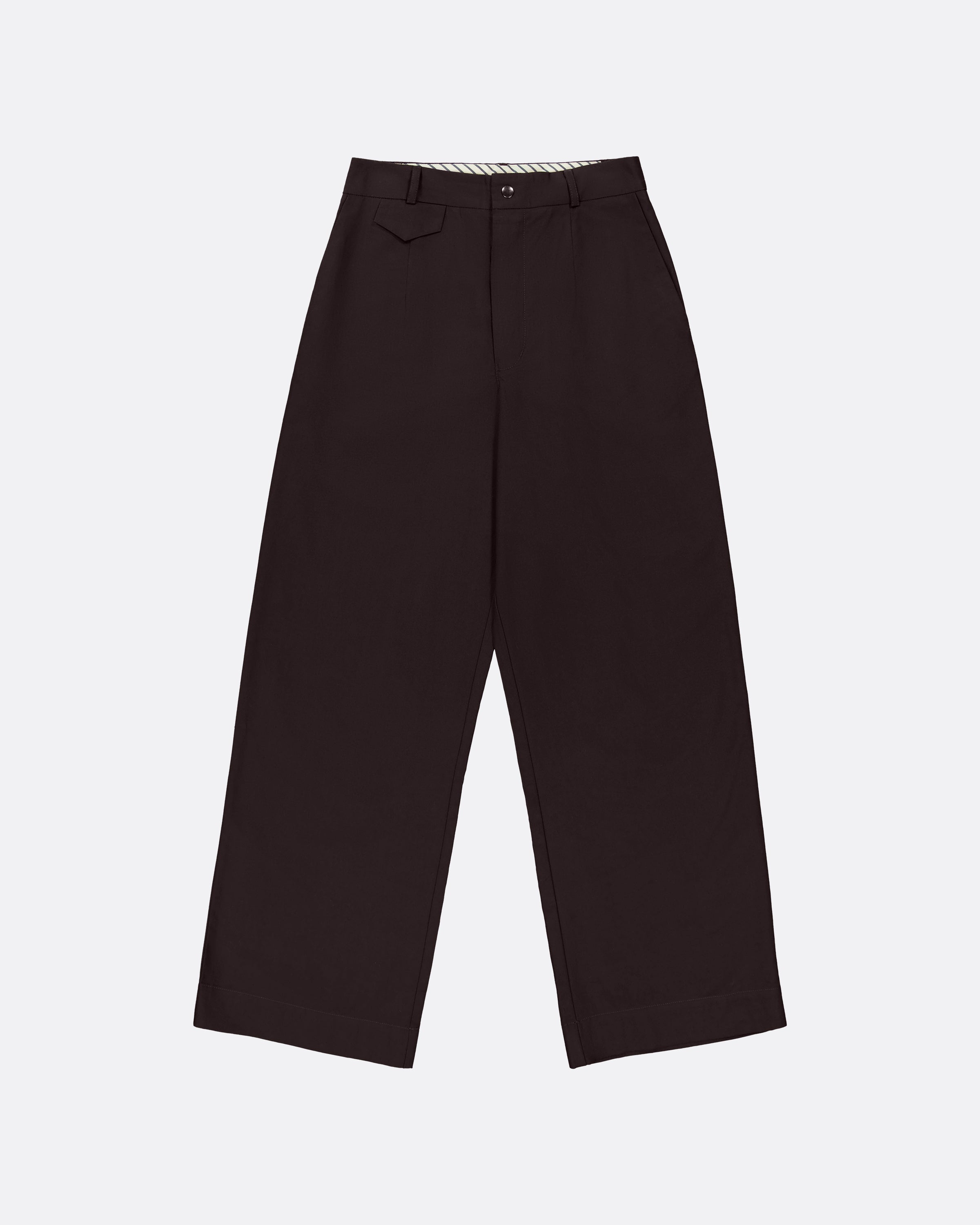 Dark brown wide-leg trousers with a subtle striped inner waistband, displayed flat.