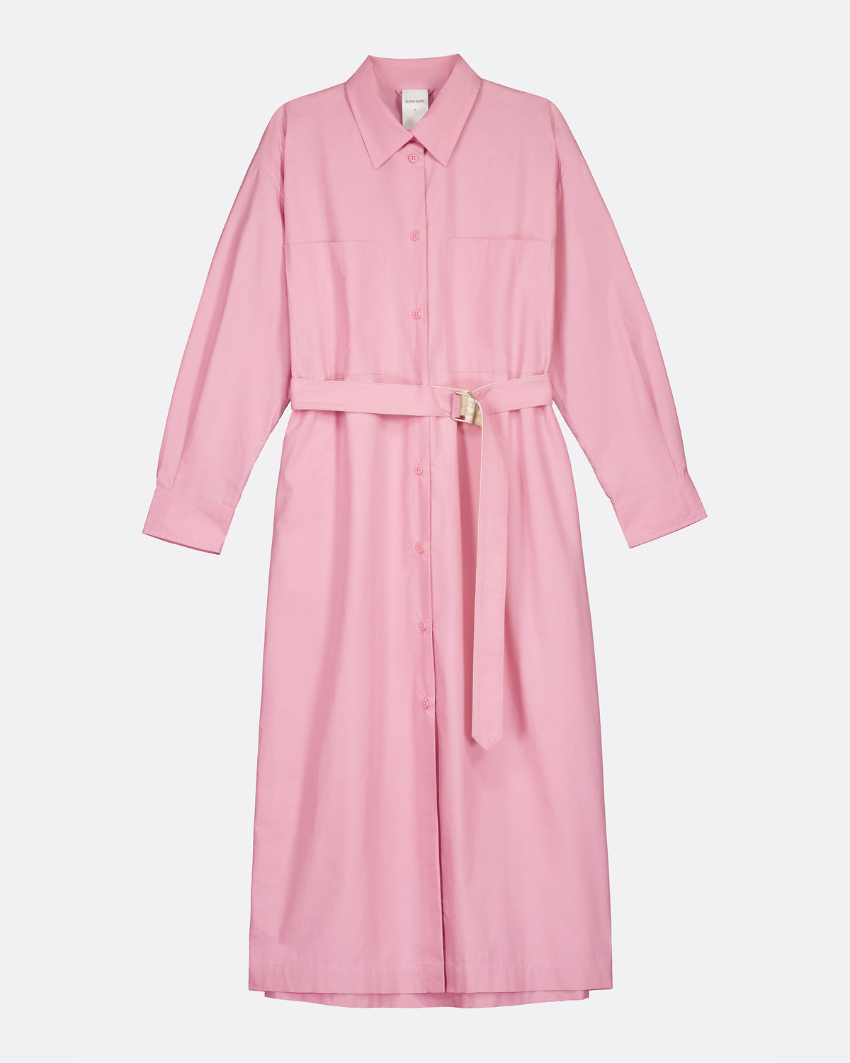 A pink long-sleeve shirt dress with a matching tie belt and a small buckle, shown against a plain light gray background.