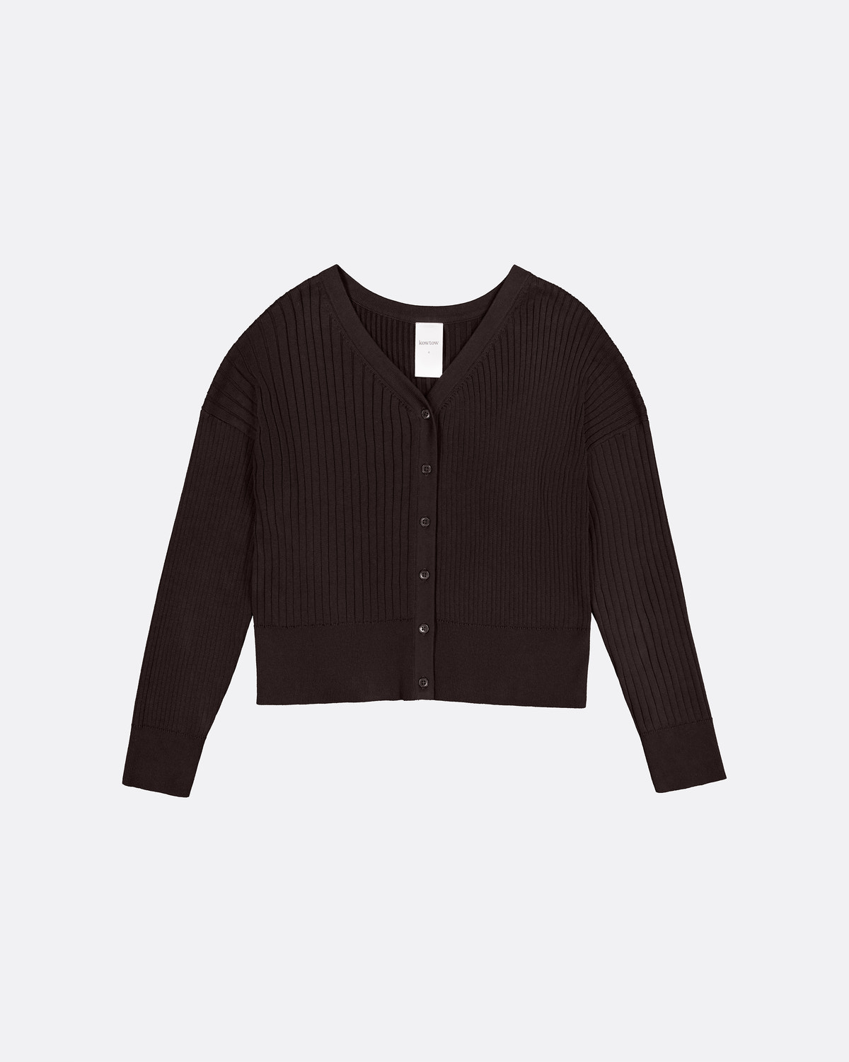 A dark brown ribbed knit cardigan sweater with a button-up front, displayed flat against a light gray background.