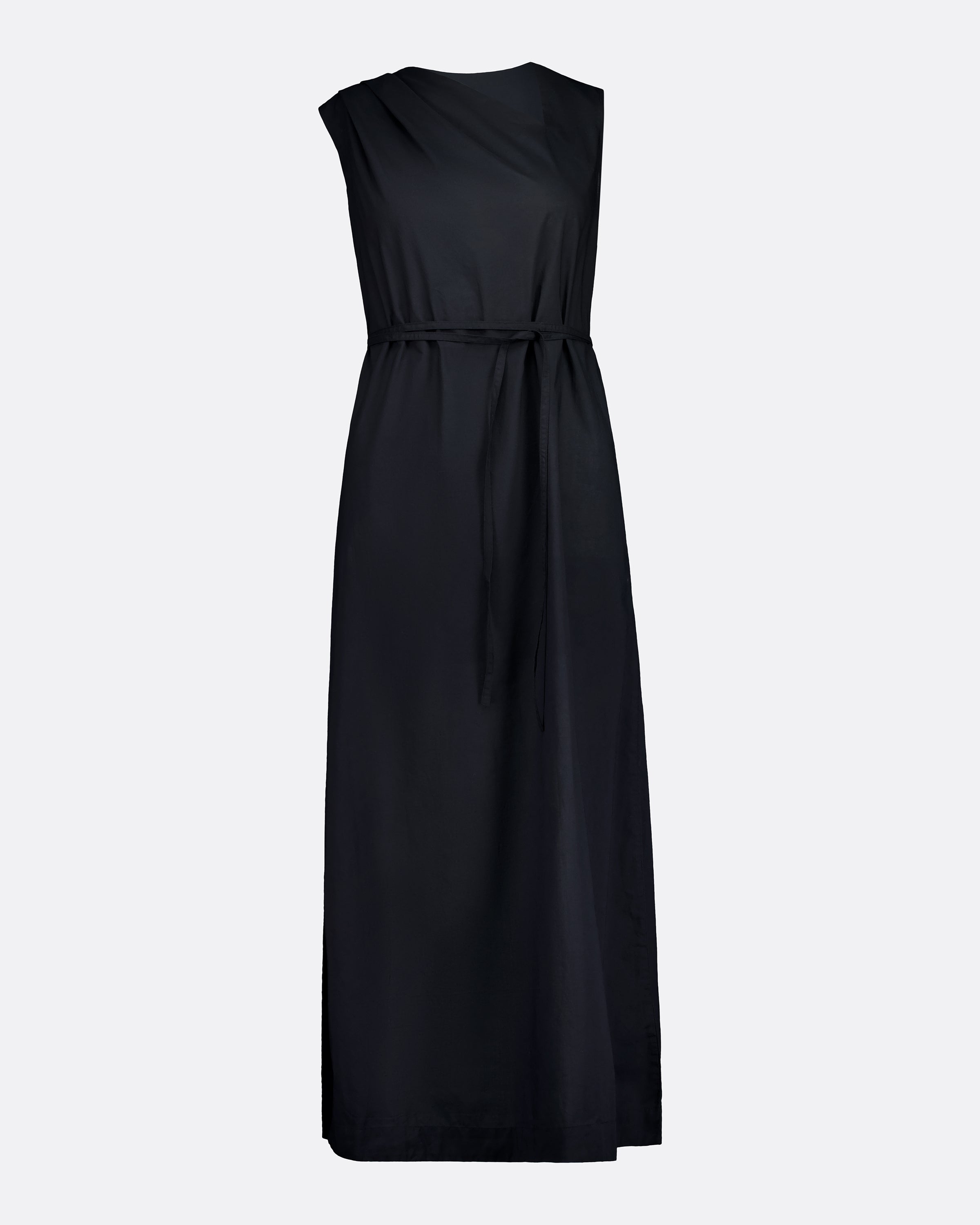 A sleeveless black maxi dress with an asymmetrical draped neckline and a matching fabric tie belt at the waist, shown against a plain light gray background.