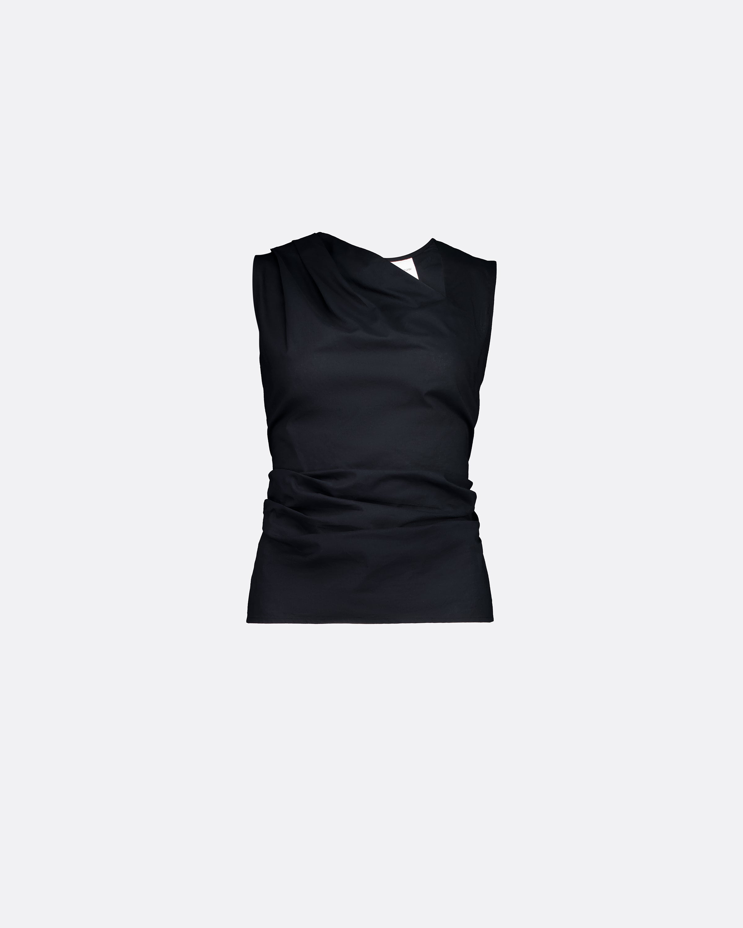 A black sleeveless top with a draped, asymmetrical neckline and gathered waist detail, shown against a plain light gray background.
