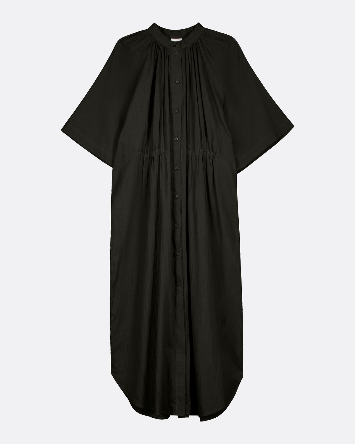 A black short-sleeved button-up dress with a gathered, pleated front and a high round neckline, shown against a light gray background.