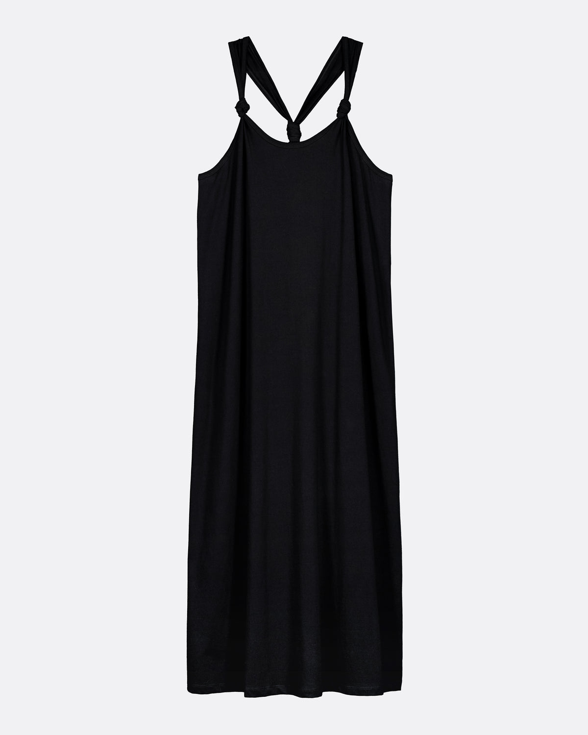 A black sleeveless slip dress with thin shoulder straps that cross at the back, shown against a plain light gray background.