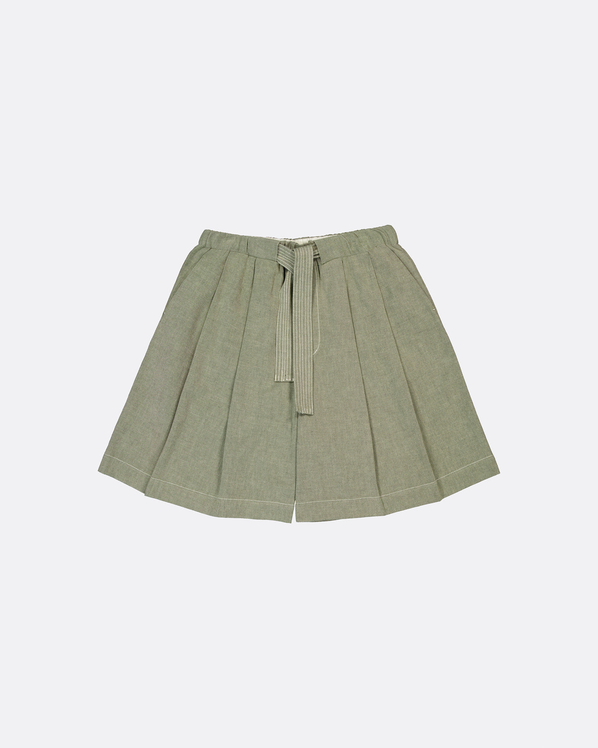 An olive green pleated skirt with a matching fabric tie belt, displayed flat against a light gray background.