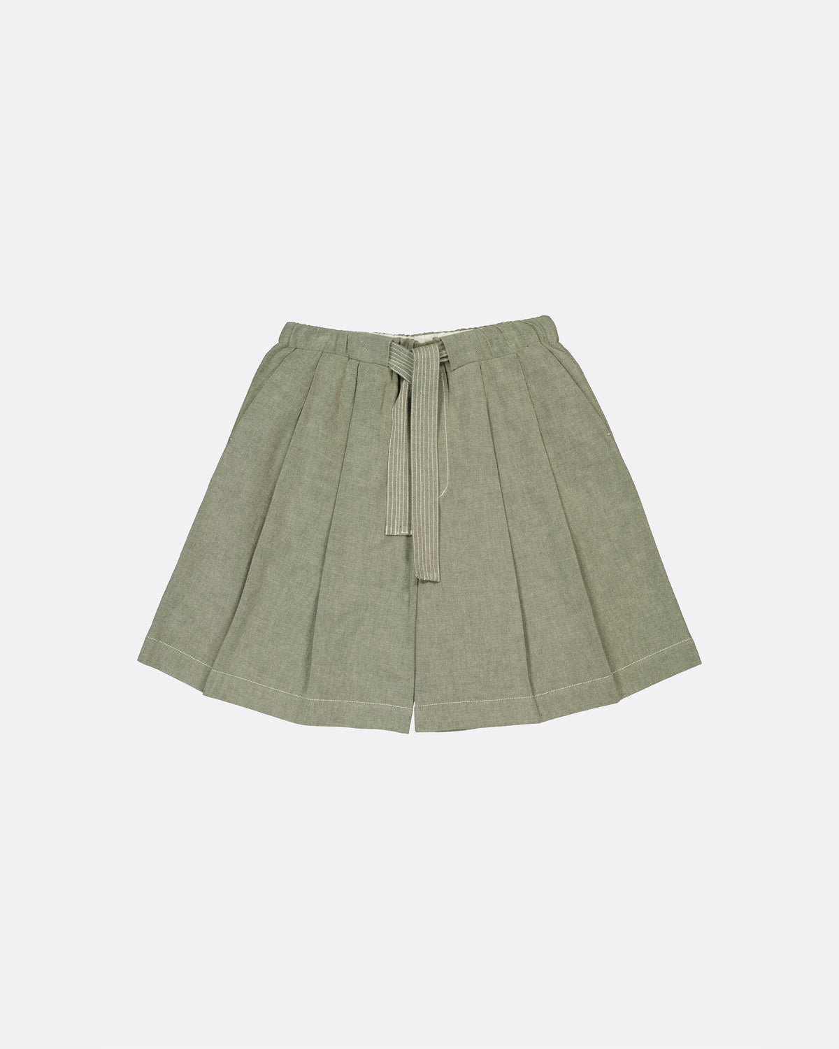 An olive green pleated skirt with a matching fabric tie belt, displayed flat against a light gray background.