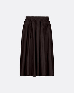 A dark brown A-line midi skirt with an elastic waistband and drawstring details.
