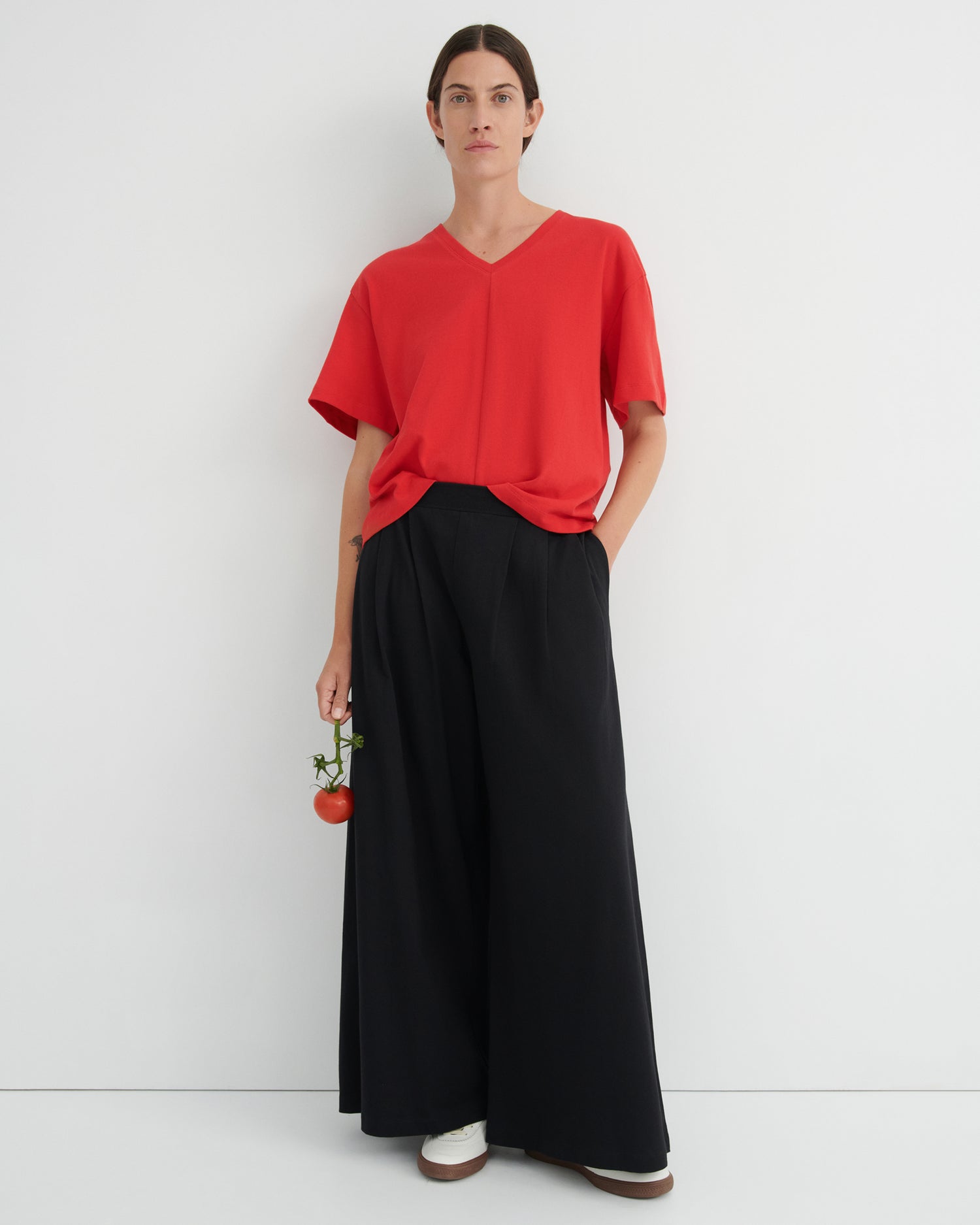 Essentials - Unity Tee in Poppy and Black Drape Pants