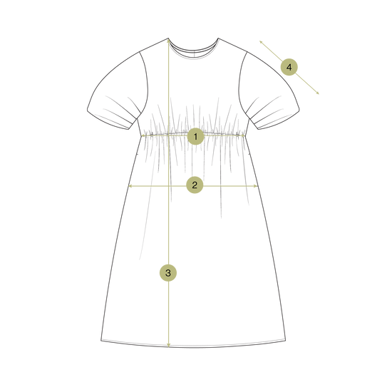 The Ellora Dress – Greige Pinstripe by Kowtow features a diagram with four key measurements: bust, waist, shoulder-to-hem length, and sleeve length. Use it as a size guide for the perfect relaxed fit.