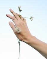 A hand with dirt on the fingers holding flowers in front of a blue sky.