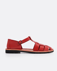 A red leather strappy sandal with a buckle strap and open toe, shown from a side profile on a light gray background.