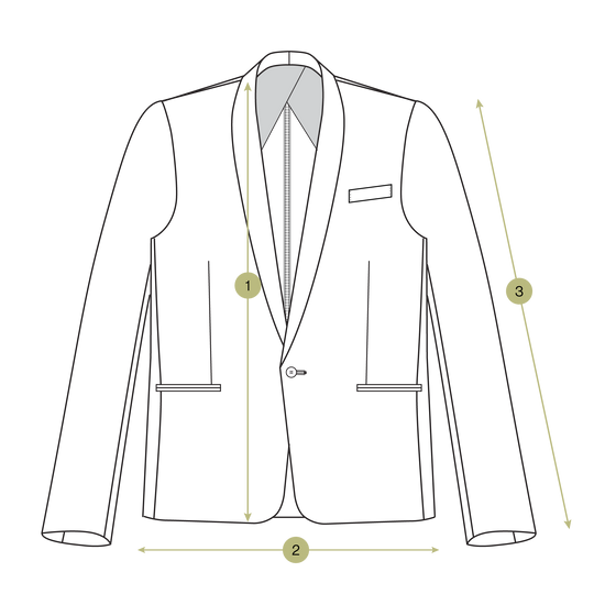 Diagram of the Tux Jacket – Black by Kowtow shows garment patterns with measurement points for chest width, waist width, and sleeve length, along with lines and numbers for precise fitting details.