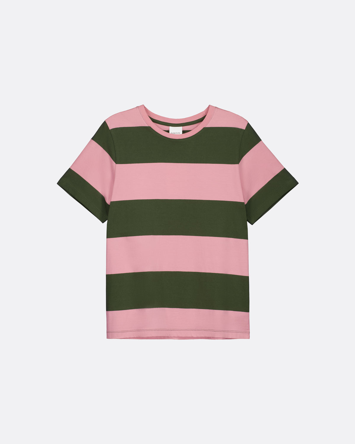 A short-sleeve crewneck t-shirt with horizontal stripes in dusty pink and dark olive green, displayed flat against a light gray background.