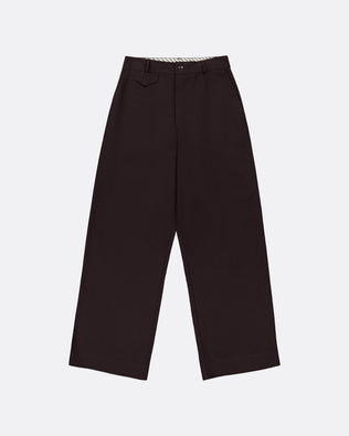 Dark brown wide-leg trousers with a subtle striped inner waistband, displayed flat.