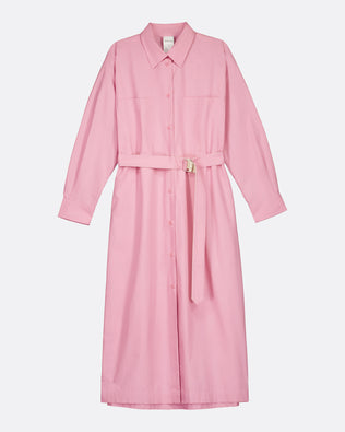 A pink long-sleeve shirt dress with a matching tie belt and a small buckle, shown against a plain light gray background.