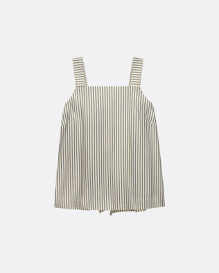 A sleeveless top with thin vertical stripes in beige and black, featuring wide shoulder straps and a straight neckline, shown against a plain light gray background.