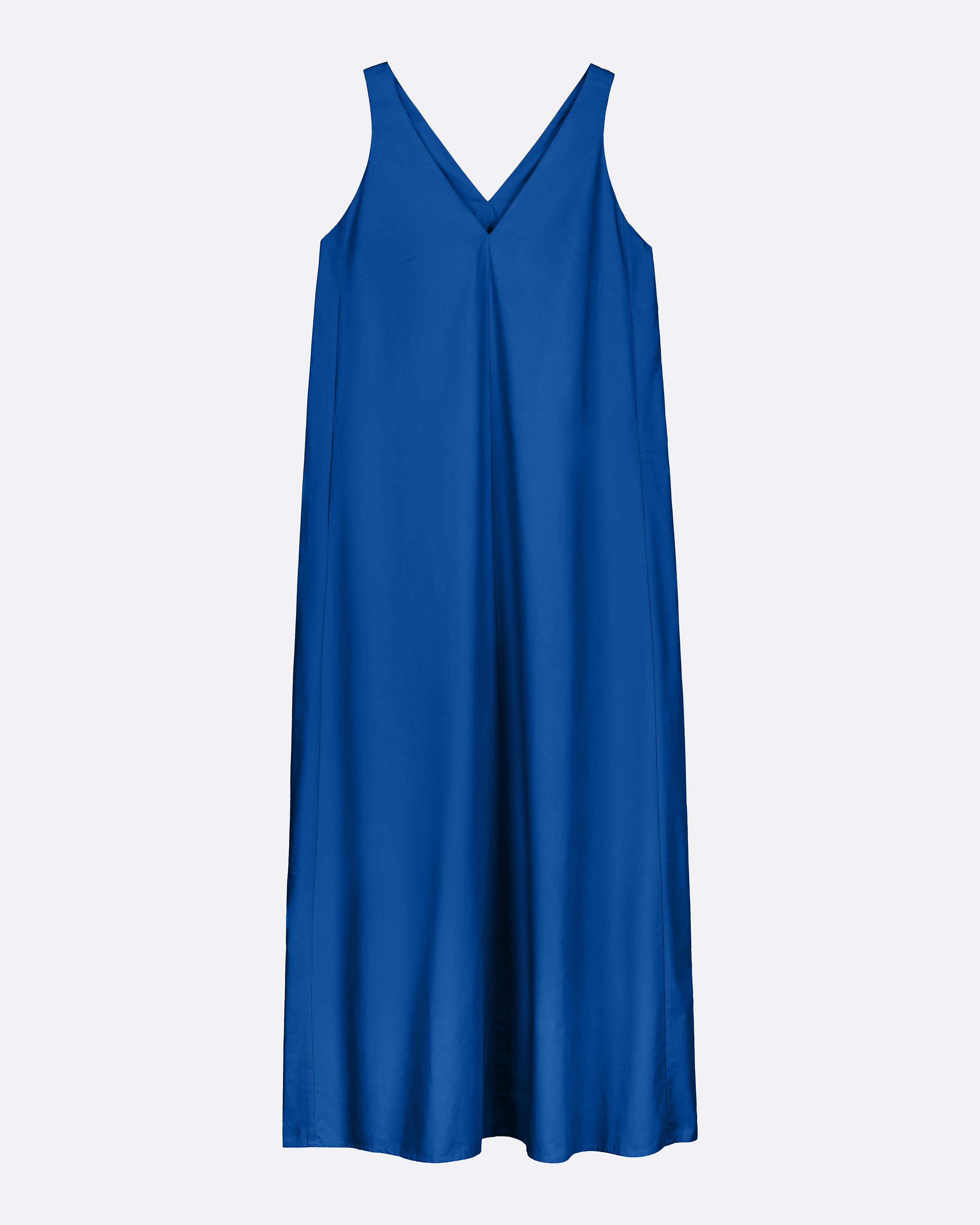 A royal blue sleeveless slip dress with a V-neckline, displayed on a clean, light gray background.