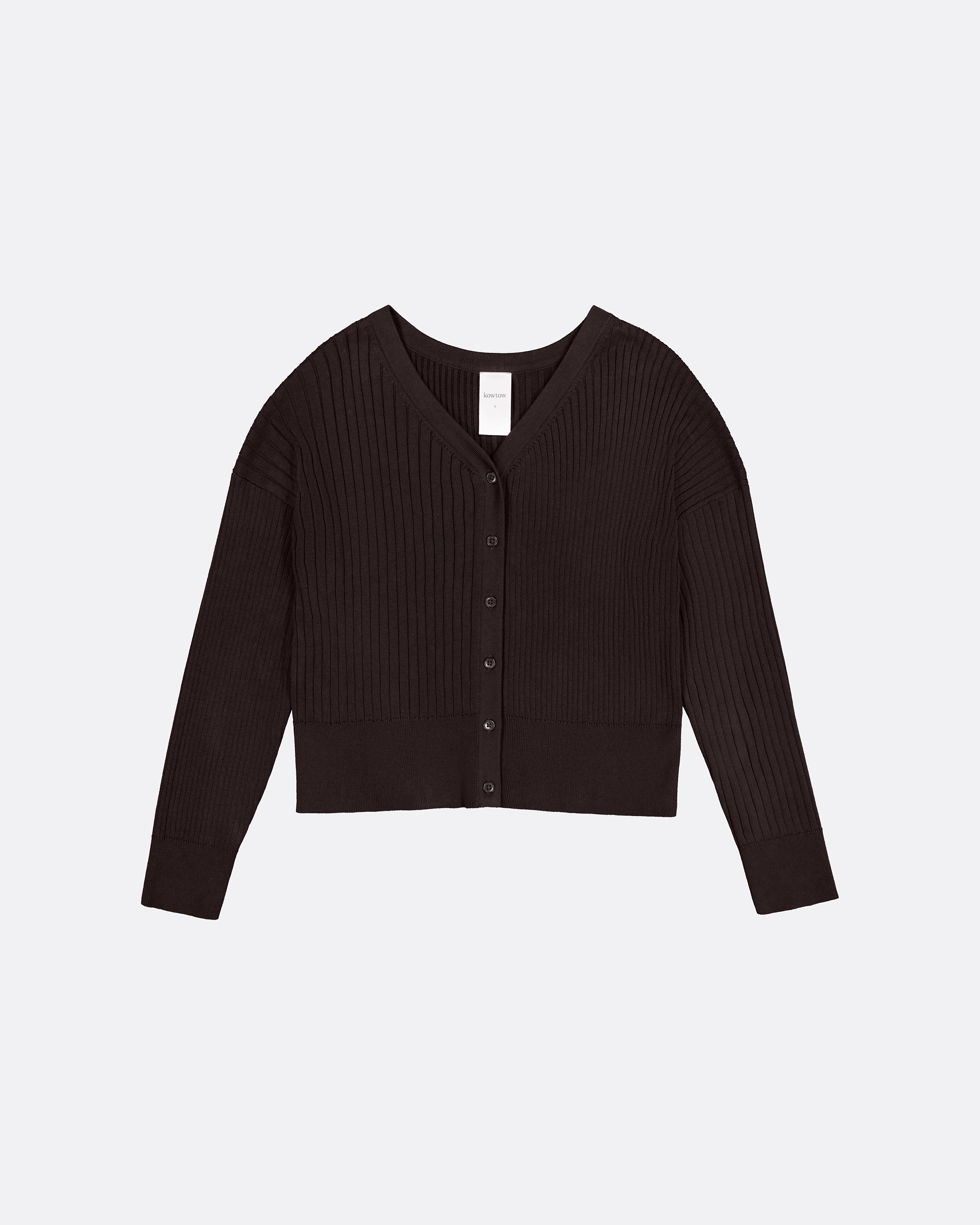 A dark brown ribbed knit cardigan sweater with a button-up front, displayed flat against a light gray background.