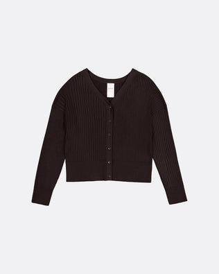 A dark brown ribbed knit cardigan sweater with a button-up front, displayed flat against a light gray background.