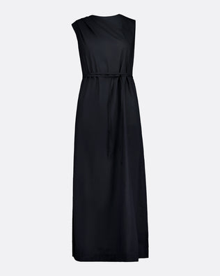 A sleeveless black maxi dress with an asymmetrical draped neckline and a matching fabric tie belt at the waist, shown against a plain light gray background.
