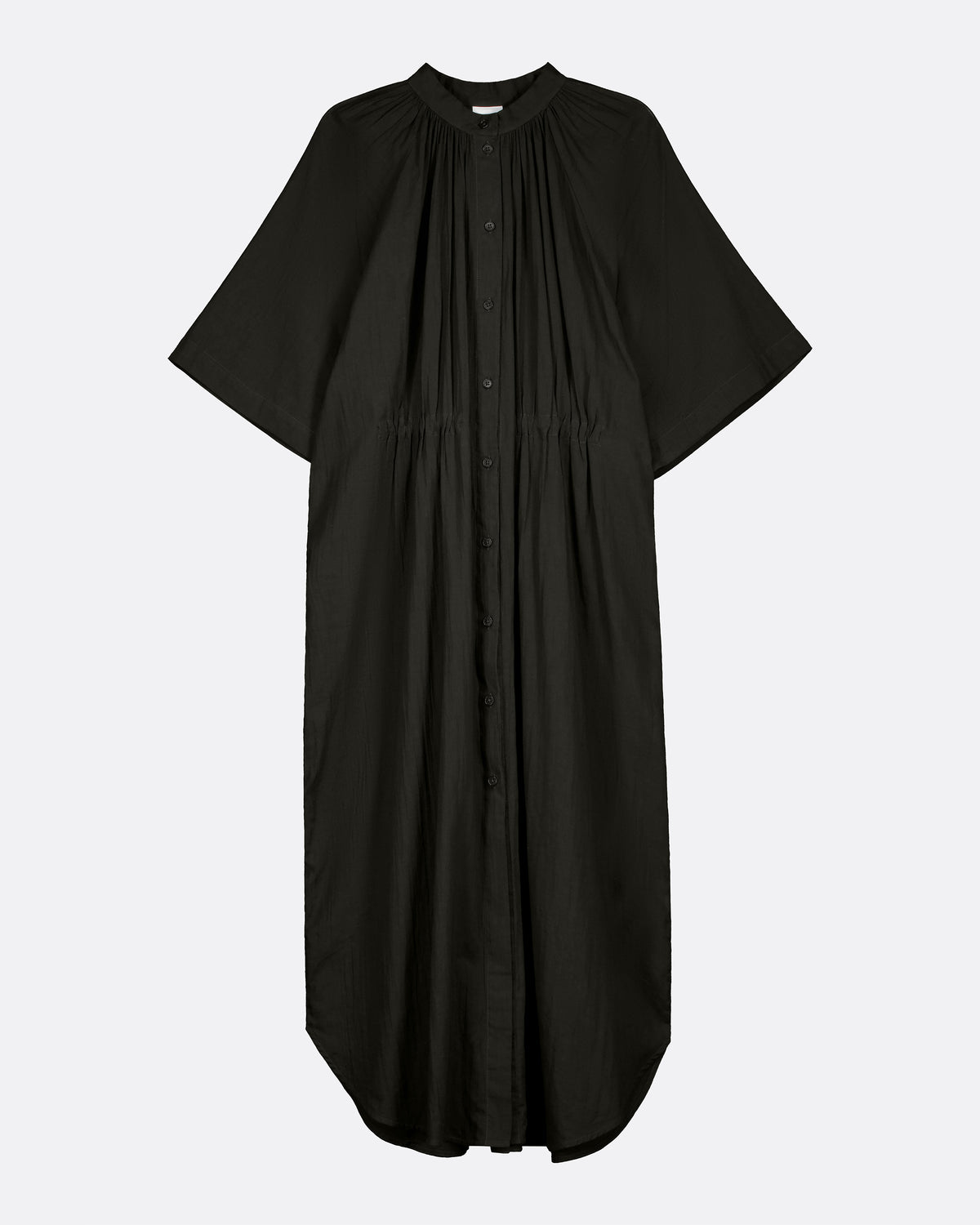 A black short-sleeved button-up dress with a gathered, pleated front and a high round neckline, shown against a light gray background.