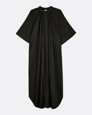 A black short-sleeved button-up dress with a gathered, pleated front and a high round neckline, shown against a light gray background.