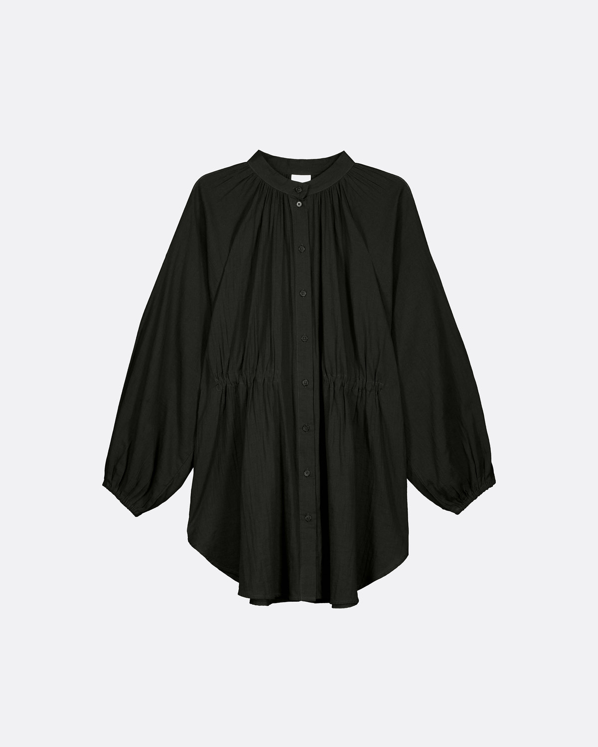 A dark green long-sleeve button-up blouse with a gathered, pleated bodice and a high-low hemline, shown against a plain light gray background.