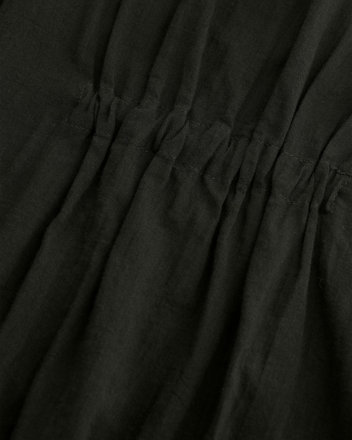 Close-up of dark olive green fabric with a gathered waist seam and visible stitching.
