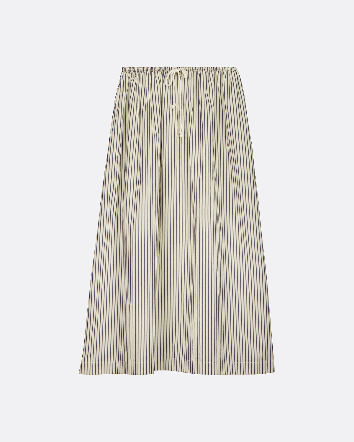 A cream and brown vertically striped wide-leg midi skirt with an elastic drawstring waist, shown against a light gray background.