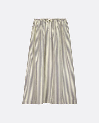 A cream and brown vertically striped wide-leg midi skirt with an elastic drawstring waist, shown against a light gray background.