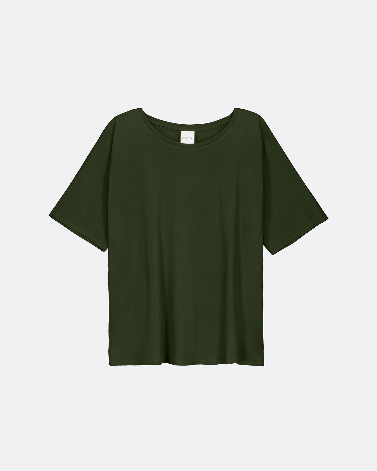 An olive green short-sleeve t-shirt with a wide boat neckline, displayed flat against a light gray background.