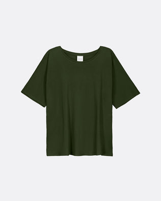 An olive green short-sleeve t-shirt with a wide boat neckline, displayed flat against a light gray background.
