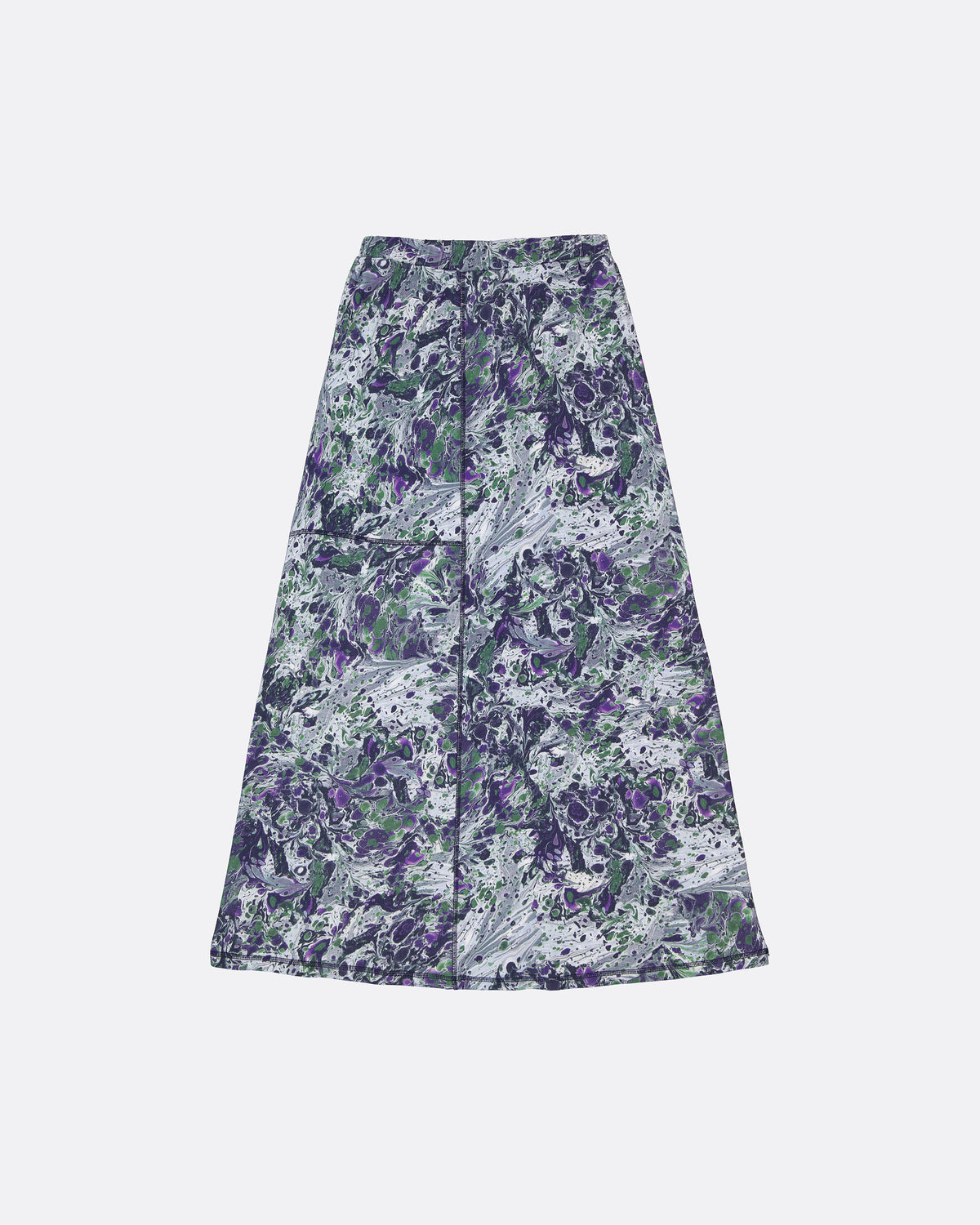 A high-waisted A-line midi skirt featuring a purple, green, and white abstract marbled pattern, displayed flat against a light gray background.