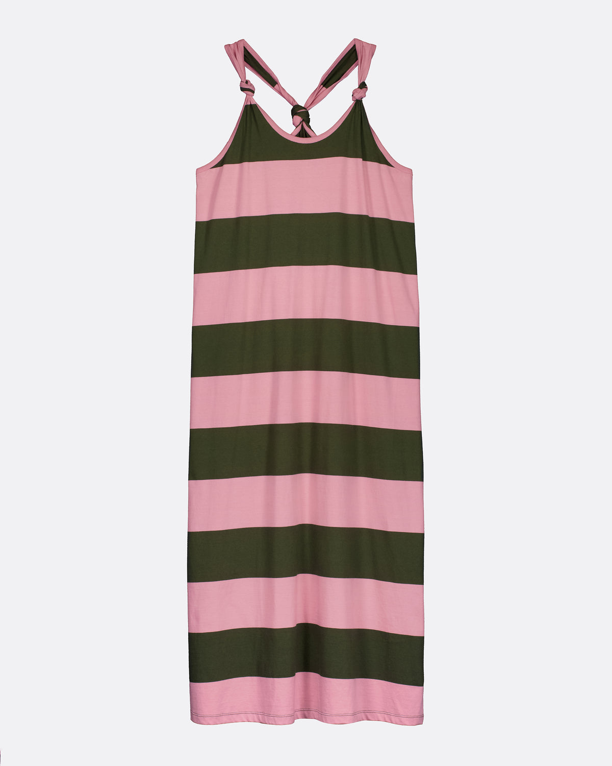 A sleeveless tank dress with horizontal pink and dark olive green stripes, featuring thin shoulder straps that cross at the back, shown against a light gray background.
