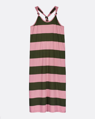 A sleeveless tank dress with horizontal pink and dark olive green stripes, featuring thin shoulder straps that cross at the back, shown against a light gray background.