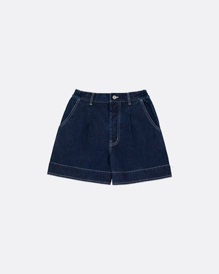 Indigo denim shorts on a light gray background