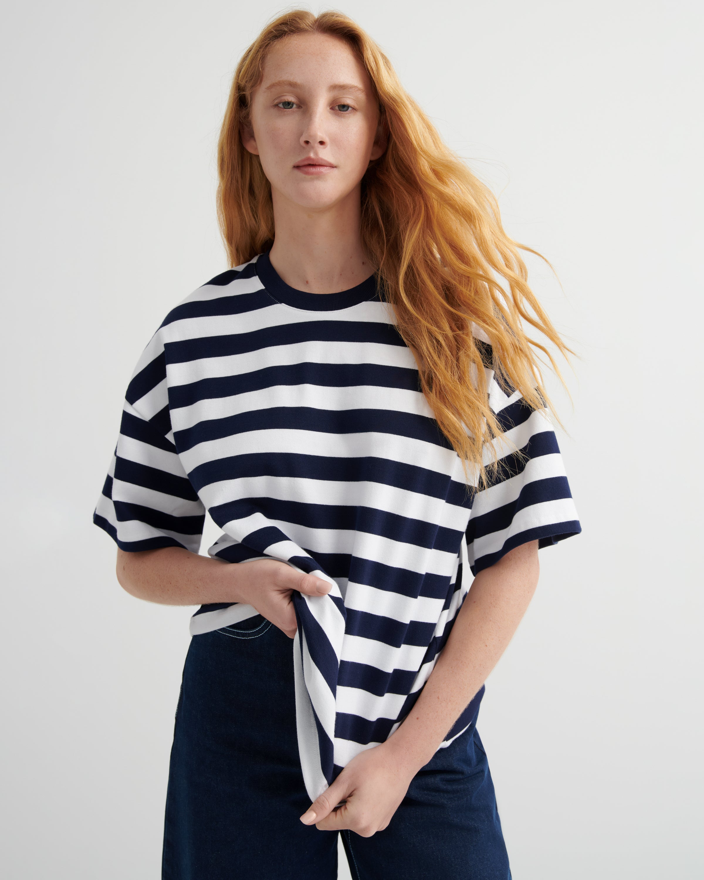 Shop Oversized Boxy Tee - Navy White Stripe