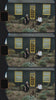 Super 8 camera footage of a black cottage with yellow trims and two people sitting outside it in the garden.