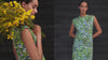A split screen, on the left is a close up of a women holding a bouquet of yellow flowers wearing a floral green dress. On the right is a video of a women wearing a green floral dress against a black weatherboard background.