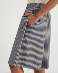 Person wearing a blue and white striped skirt on a white background