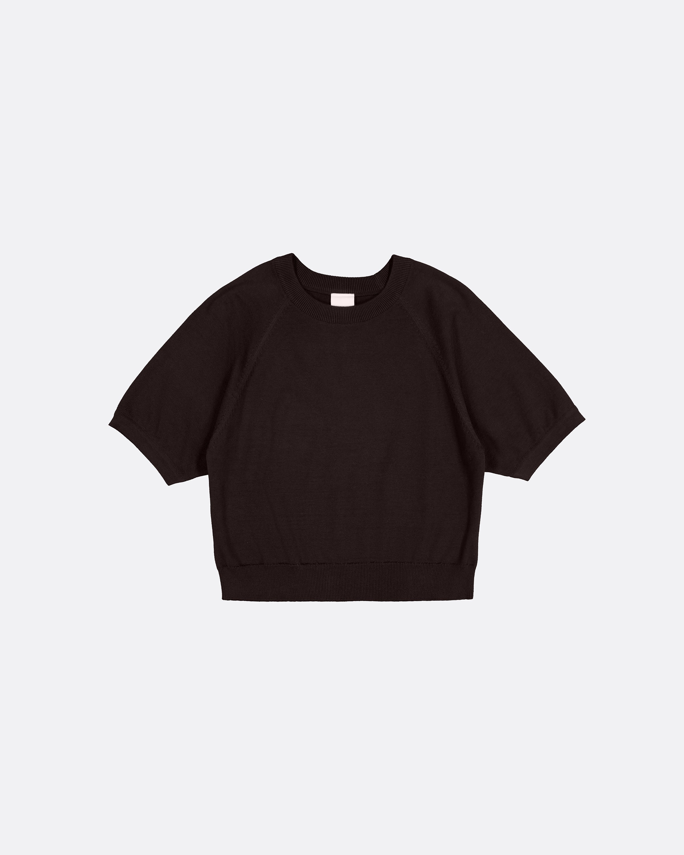 A dark brown short-sleeve cropped sweatshirt with raglan sleeves, displayed flat against a light gray background.