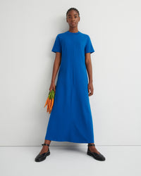 A model stands against a light gray studio wall wearing a bright blue short-sleeve midi dress and black flat shoes, while holding a bunch of orange carrots.