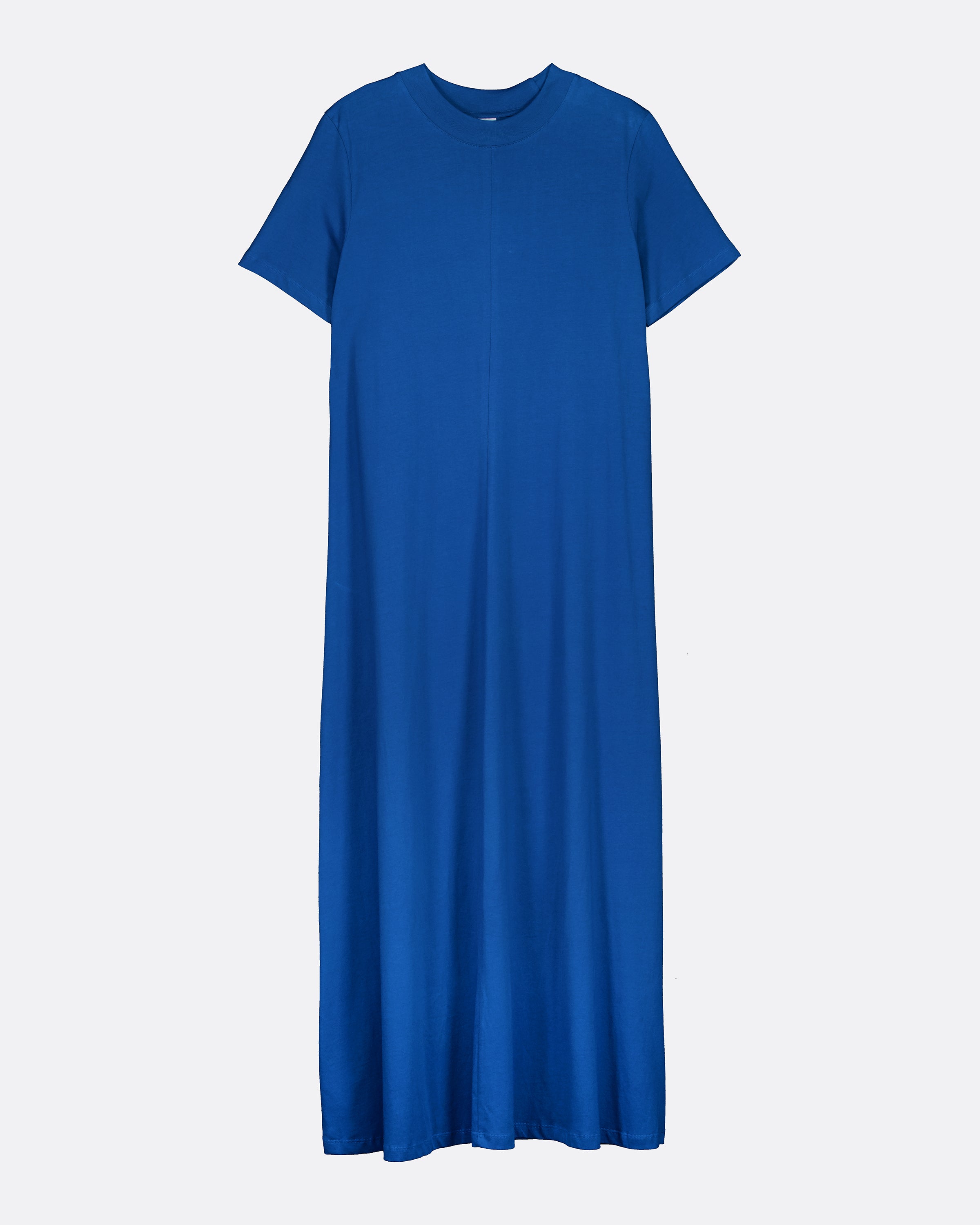 A solid blue short-sleeve crewneck dress with a relaxed, slightly loose fit, shown against a light gray background.
