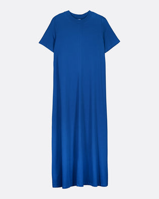 A solid blue short-sleeve crewneck dress with a relaxed, slightly loose fit, shown against a light gray background.