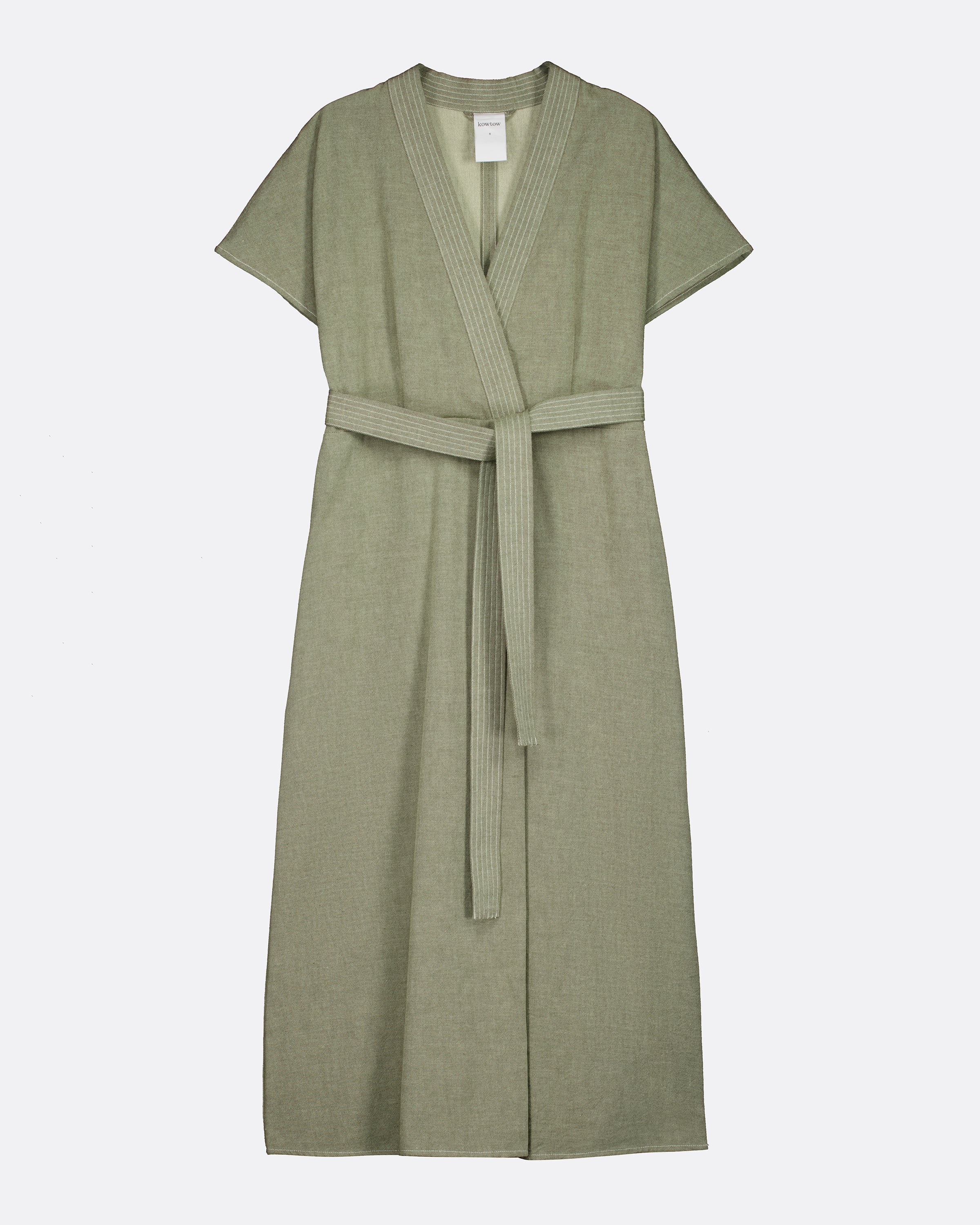 An olive green short-sleeve wrap dress with a matching tie belt, displayed flat against a light gray background.