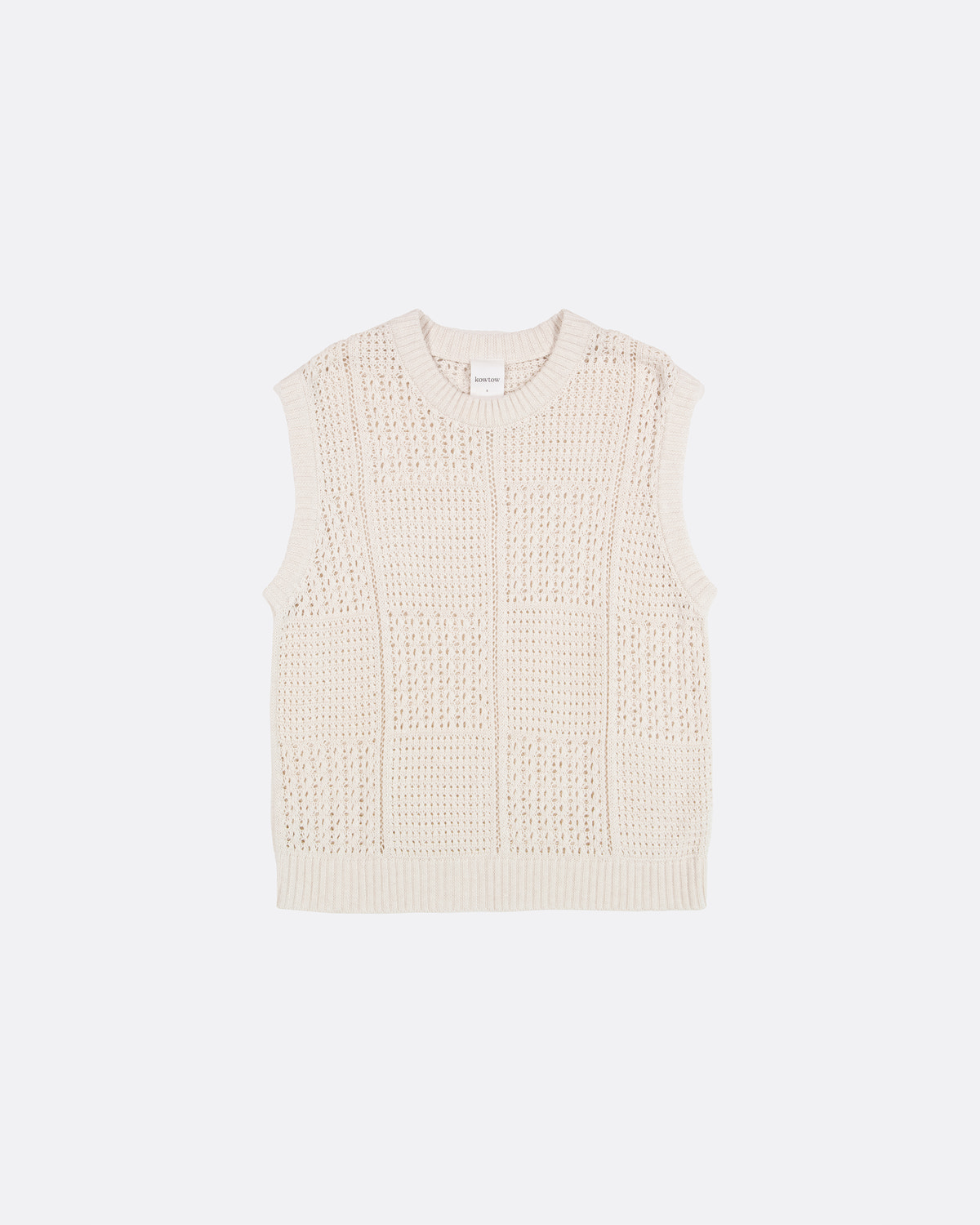A sleeveless cream-colored knit vest with a textured openwork pattern, shown flat against a light gray background.