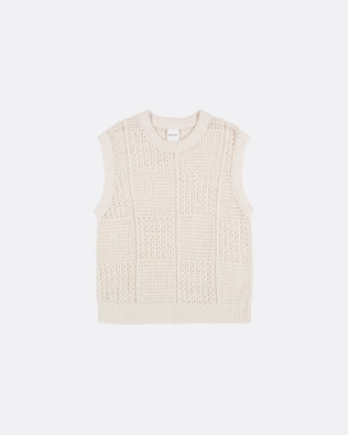 A sleeveless cream-colored knit vest with a textured openwork pattern, shown flat against a light gray background.